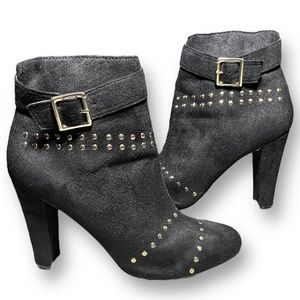 BEBE Black Suede Gold Studded High Heel Ankle Boots Booties 9